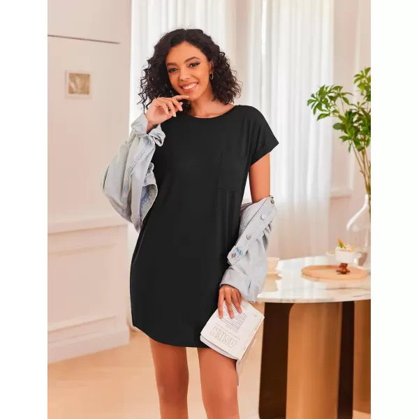 Ekouaer Nightgown for Women Slubknit Sleepshirt Tshirt Night Shirt Short Sleeve Sleepwear with Pockets S2XLBlack