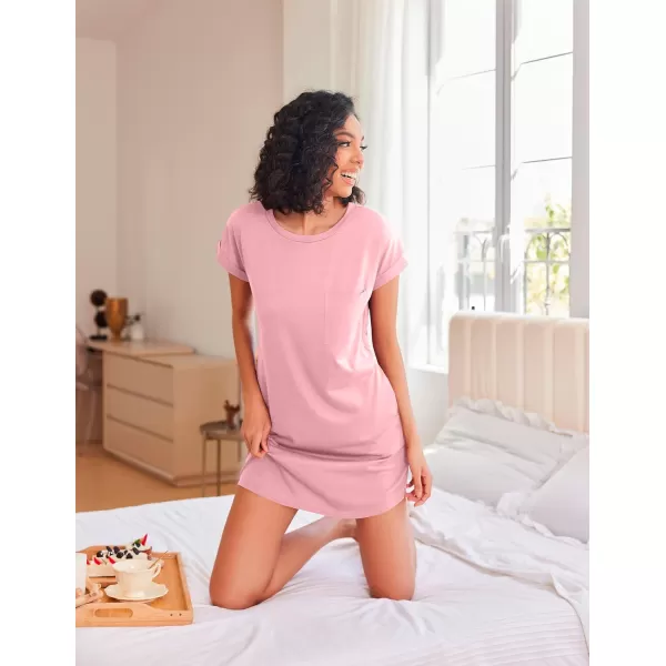 Ekouaer Nightgown for Women Slubknit Sleepshirt Tshirt Night Shirt Short Sleeve Sleepwear with Pockets S2XLPink