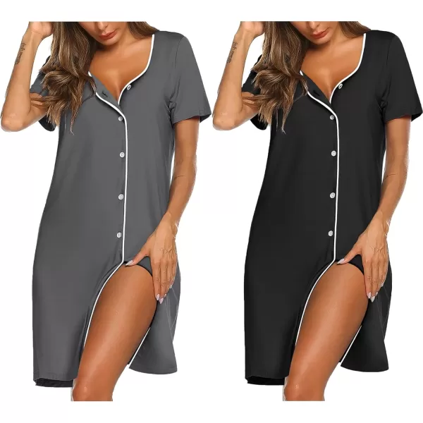 Ekouaer Nightgowns for Women 2 Pack Button Down Sleepshirt Short Sleeve Nightshirt Soft Sleepwear V Neck Pajama DressBlack FloralGrey Star