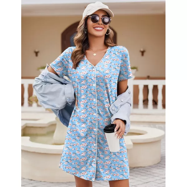 Ekouaer Nightgowns for Women 2 Pack Button Down Sleepshirt Short Sleeve Nightshirt Soft Sleepwear V Neck Pajama DressBlackBlue Floral