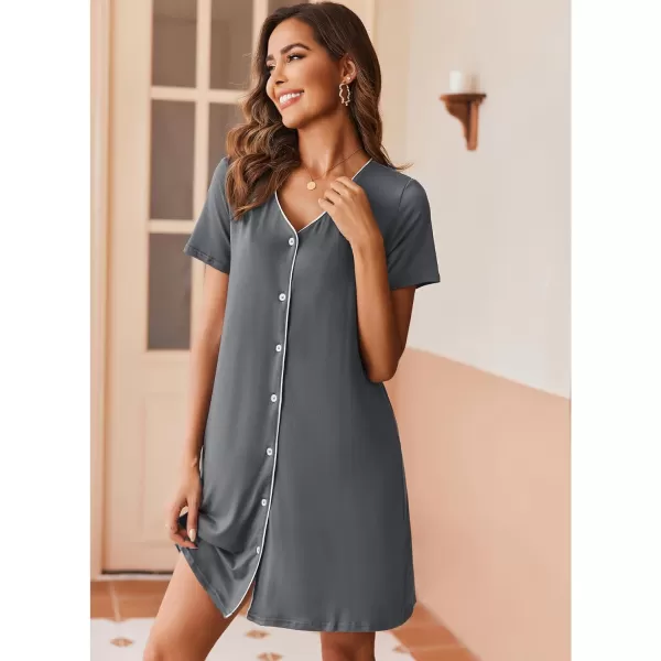 Ekouaer Nightgowns for Women 2 Pack Button Down Sleepshirt Short Sleeve Nightshirt Soft Sleepwear V Neck Pajama DressBlackGrey