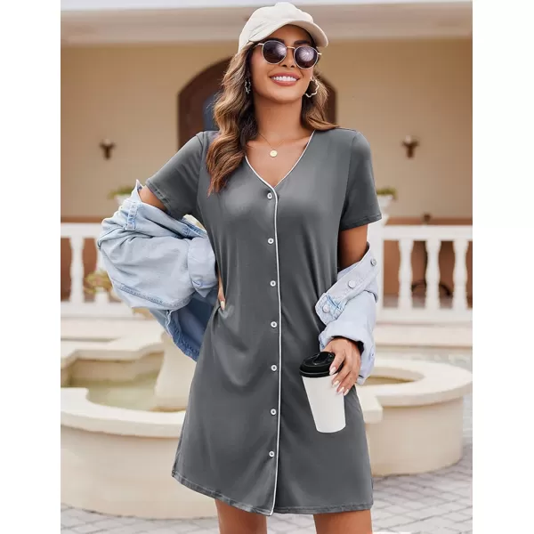 Ekouaer Nightgowns for Women 2 Pack Button Down Sleepshirt Short Sleeve Nightshirt Soft Sleepwear V Neck Pajama DressGreyBlue Star