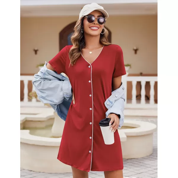 Ekouaer Nightgowns for Women 2 Pack Button Down Sleepshirt Short Sleeve Nightshirt Soft Sleepwear V Neck Pajama DressRedBlack Floral