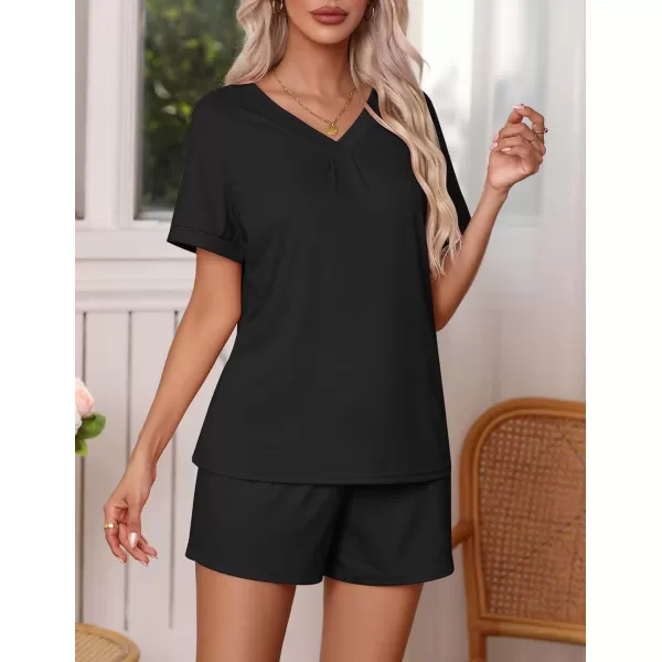 Ekouaer Pajamas Set Womens Short Sleeve V Neck Tee Top and Shorts Sleepwear 2 Piece PJ Sets SXXLBlack