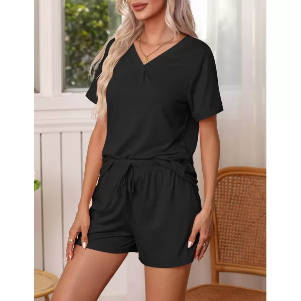 Ekouaer Pajamas Set Womens Short Sleeve V Neck Tee Top and Shorts Sleepwear 2 Piece PJ Sets SXXLBlack