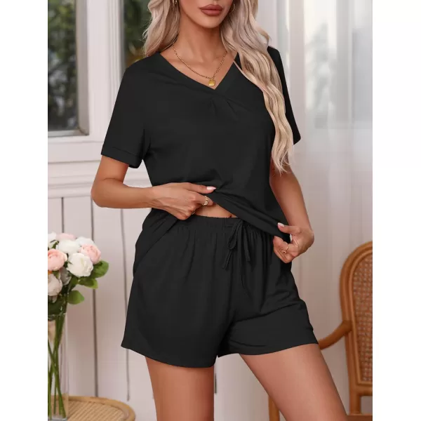 Ekouaer Pajamas Set Womens Short Sleeve V Neck Tee Top and Shorts Sleepwear 2 Piece PJ Sets SXXLBlack