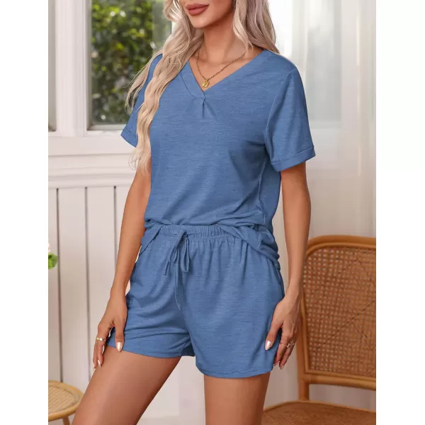 Ekouaer Pajamas Set Womens Short Sleeve V Neck Tee Top and Shorts Sleepwear 2 Piece PJ Sets SXXLBlue