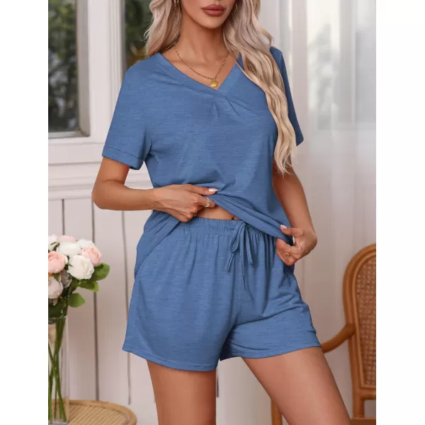 Ekouaer Pajamas Set Womens Short Sleeve V Neck Tee Top and Shorts Sleepwear 2 Piece PJ Sets SXXLBlue