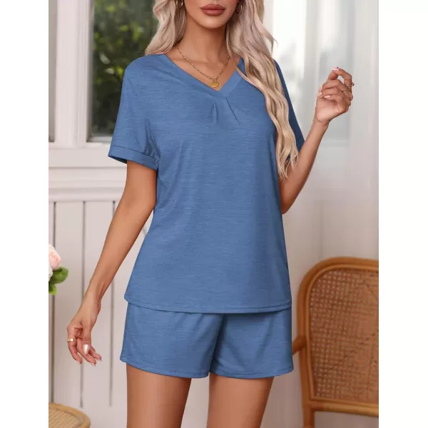 Ekouaer Pajamas Set Womens Short Sleeve V Neck Tee Top and Shorts Sleepwear 2 Piece PJ Sets SXXLBlue