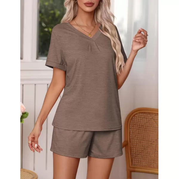 Ekouaer Pajamas Set Womens Short Sleeve V Neck Tee Top and Shorts Sleepwear 2 Piece PJ Sets SXXLBrown