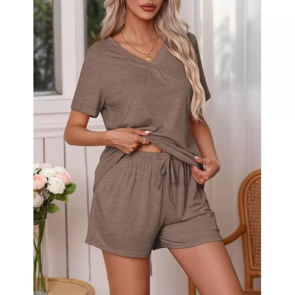 Ekouaer Pajamas Set Womens Short Sleeve V Neck Tee Top and Shorts Sleepwear 2 Piece PJ Sets SXXLBrown