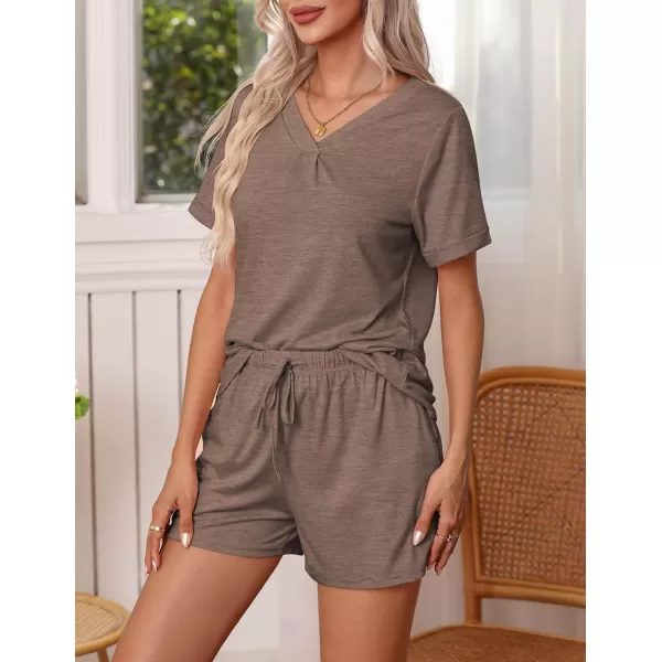 Ekouaer Pajamas Set Womens Short Sleeve V Neck Tee Top and Shorts Sleepwear 2 Piece PJ Sets SXXLBrown