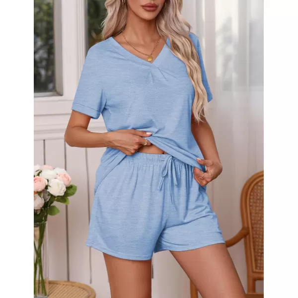 Ekouaer Pajamas Set Womens Short Sleeve V Neck Tee Top and Shorts Sleepwear 2 Piece PJ Sets SXXLClear Blue