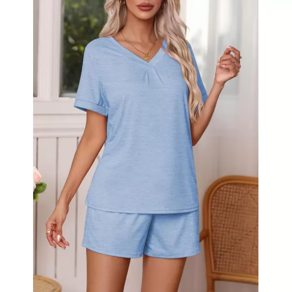 Ekouaer Pajamas Set Womens Short Sleeve V Neck Tee Top and Shorts Sleepwear 2 Piece PJ Sets SXXLClear Blue