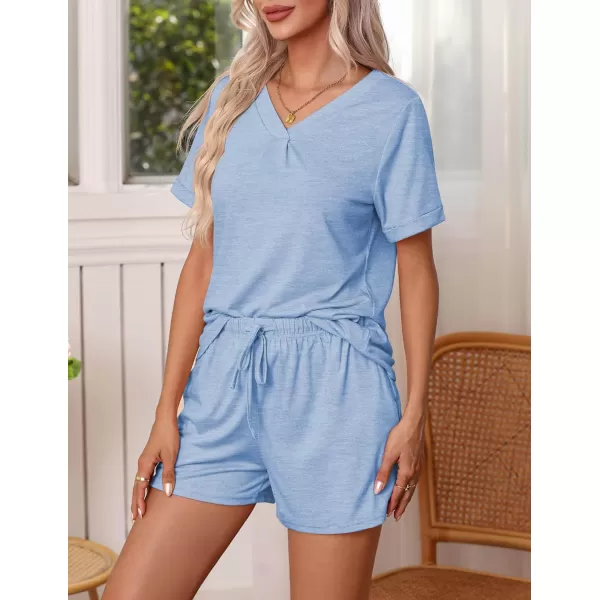 Ekouaer Pajamas Set Womens Short Sleeve V Neck Tee Top and Shorts Sleepwear 2 Piece PJ Sets SXXLClear Blue