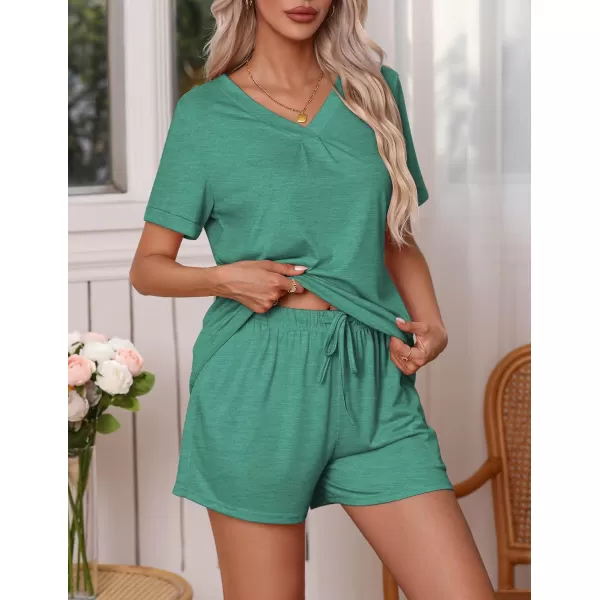 Ekouaer Pajamas Set Womens Short Sleeve V Neck Tee Top and Shorts Sleepwear 2 Piece PJ Sets SXXLGreen