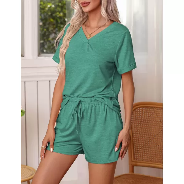 Ekouaer Pajamas Set Womens Short Sleeve V Neck Tee Top and Shorts Sleepwear 2 Piece PJ Sets SXXLGreen