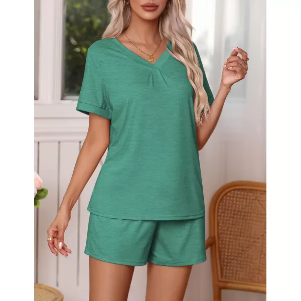 Ekouaer Pajamas Set Womens Short Sleeve V Neck Tee Top and Shorts Sleepwear 2 Piece PJ Sets SXXLGreen