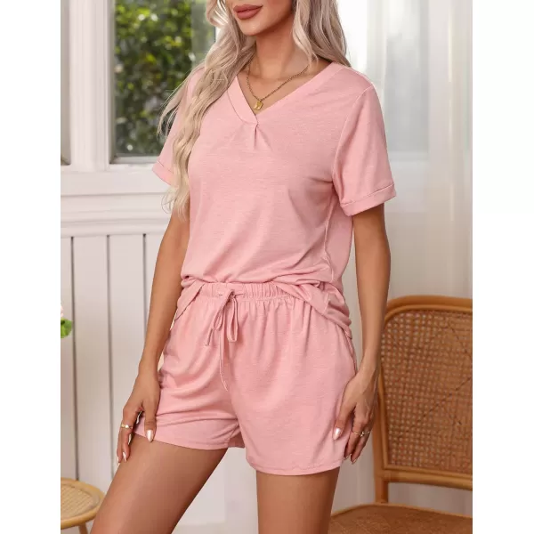 Ekouaer Pajamas Set Womens Short Sleeve V Neck Tee Top and Shorts Sleepwear 2 Piece PJ Sets SXXLPink