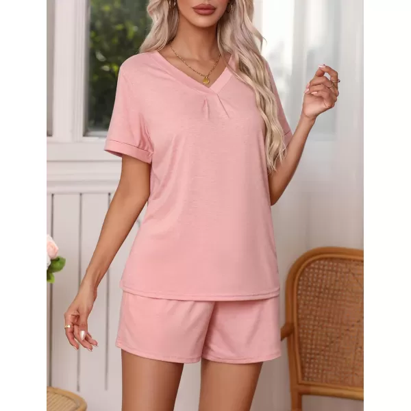 Ekouaer Pajamas Set Womens Short Sleeve V Neck Tee Top and Shorts Sleepwear 2 Piece PJ Sets SXXLPink