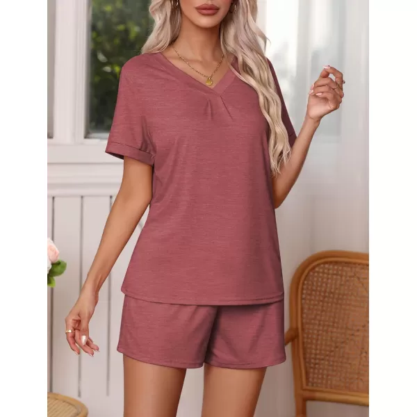 Ekouaer Pajamas Set Womens Short Sleeve V Neck Tee Top and Shorts Sleepwear 2 Piece PJ Sets SXXLWine