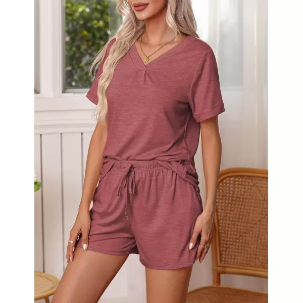 Ekouaer Pajamas Set Womens Short Sleeve V Neck Tee Top and Shorts Sleepwear 2 Piece PJ Sets SXXLWine