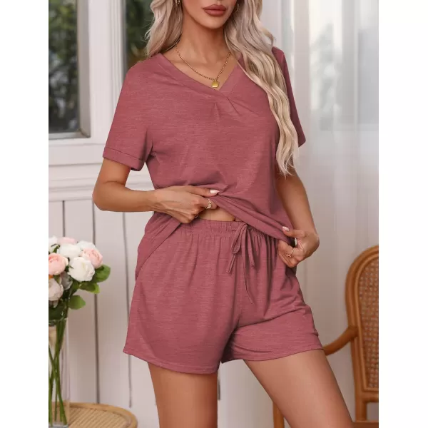 Ekouaer Pajamas Set Womens Short Sleeve V Neck Tee Top and Shorts Sleepwear 2 Piece PJ Sets SXXLWine