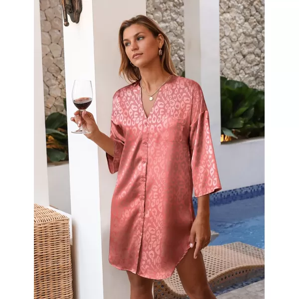 Ekouaer Satin Nightgowns for Women Silk Sleepwear Button Down Sleepshirt 34 Sleeve VNeck Nightshirts with PocketsPat2pink Leopard