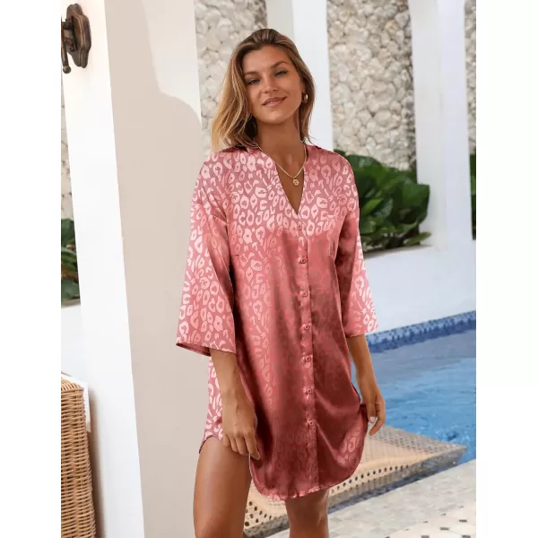 Ekouaer Satin Nightgowns for Women Silk Sleepwear Button Down Sleepshirt 34 Sleeve VNeck Nightshirts with PocketsPat2pink Leopard