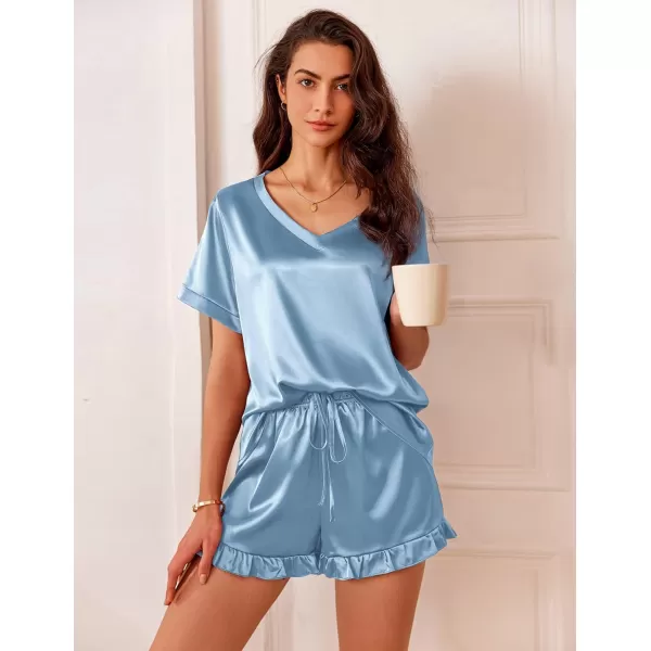 Ekouaer Satin Pajamas for Women Short Sleeve Silk Sleepwear Two Piece Pj Sets with Ruffled Shorts Casual LoungewearAlight Blue