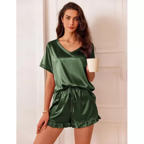 Ekouaer Satin Pajamas for Women Short Sleeve Silk Sleepwear Two Piece Pj Sets with Ruffled Shorts Casual LoungewearArmy Green