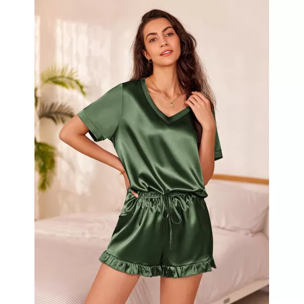 Ekouaer Satin Pajamas for Women Short Sleeve Silk Sleepwear Two Piece Pj Sets with Ruffled Shorts Casual LoungewearArmy Green