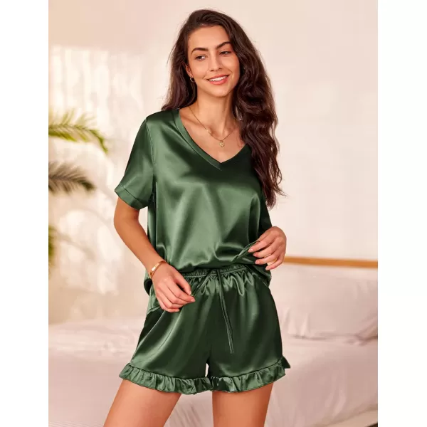 Ekouaer Satin Pajamas for Women Short Sleeve Silk Sleepwear Two Piece Pj Sets with Ruffled Shorts Casual LoungewearArmy Green