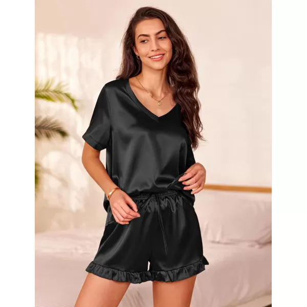 Ekouaer Satin Pajamas for Women Short Sleeve Silk Sleepwear Two Piece Pj Sets with Ruffled Shorts Casual LoungewearBlack