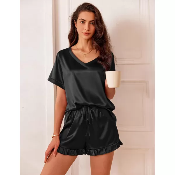 Ekouaer Satin Pajamas for Women Short Sleeve Silk Sleepwear Two Piece Pj Sets with Ruffled Shorts Casual LoungewearBlack