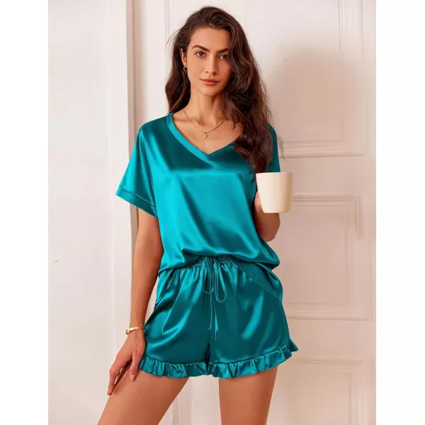 Ekouaer Satin Pajamas for Women Short Sleeve Silk Sleepwear Two Piece Pj Sets with Ruffled Shorts Casual LoungewearBlue Green