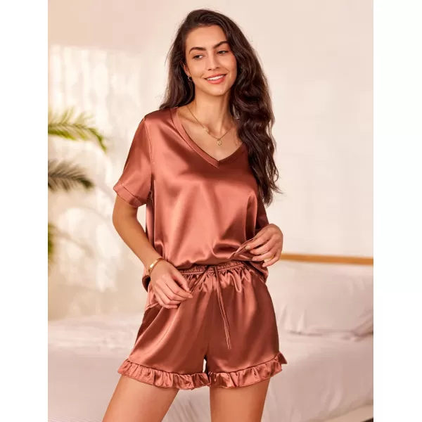 Ekouaer Satin Pajamas for Women Short Sleeve Silk Sleepwear Two Piece Pj Sets with Ruffled Shorts Casual LoungewearBrown