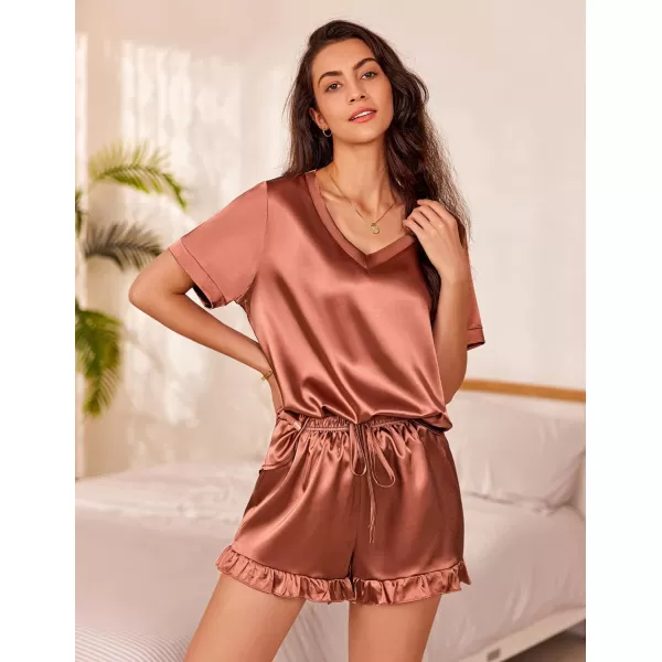 Ekouaer Satin Pajamas for Women Short Sleeve Silk Sleepwear Two Piece Pj Sets with Ruffled Shorts Casual LoungewearBrown