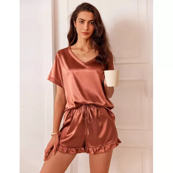 Ekouaer Satin Pajamas for Women Short Sleeve Silk Sleepwear Two Piece Pj Sets with Ruffled Shorts Casual LoungewearBrown