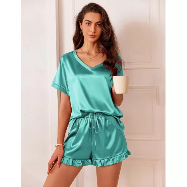 Ekouaer Satin Pajamas for Women Short Sleeve Silk Sleepwear Two Piece Pj Sets with Ruffled Shorts Casual LoungewearCeramic