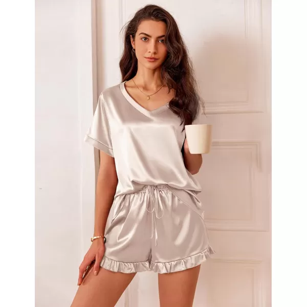 Ekouaer Satin Pajamas for Women Short Sleeve Silk Sleepwear Two Piece Pj Sets with Ruffled Shorts Casual LoungewearChampagne