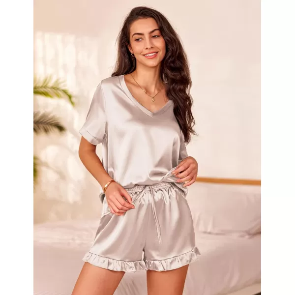 Ekouaer Satin Pajamas for Women Short Sleeve Silk Sleepwear Two Piece Pj Sets with Ruffled Shorts Casual LoungewearChampagne