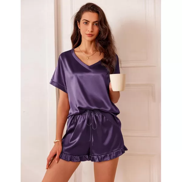 Ekouaer Satin Pajamas for Women Short Sleeve Silk Sleepwear Two Piece Pj Sets with Ruffled Shorts Casual LoungewearDeep Purple