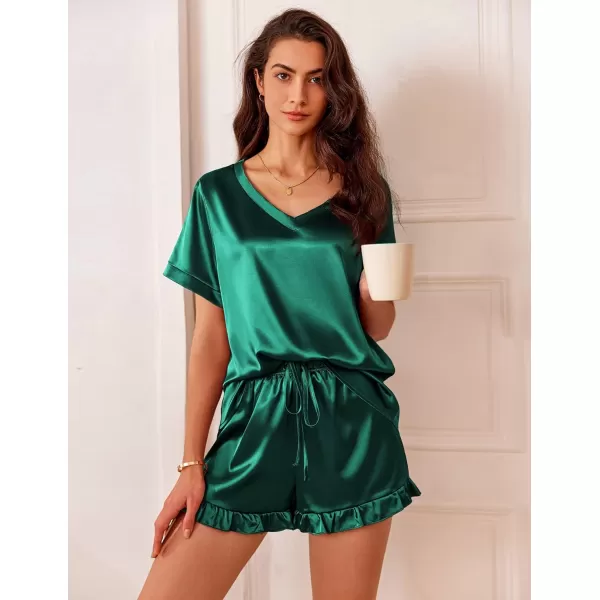 Ekouaer Satin Pajamas for Women Short Sleeve Silk Sleepwear Two Piece Pj Sets with Ruffled Shorts Casual LoungewearGreen