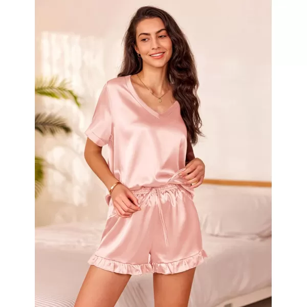 Ekouaer Satin Pajamas for Women Short Sleeve Silk Sleepwear Two Piece Pj Sets with Ruffled Shorts Casual LoungewearLight Pink