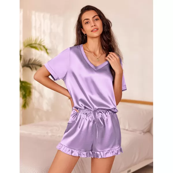 Ekouaer Satin Pajamas for Women Short Sleeve Silk Sleepwear Two Piece Pj Sets with Ruffled Shorts Casual LoungewearLight Purple