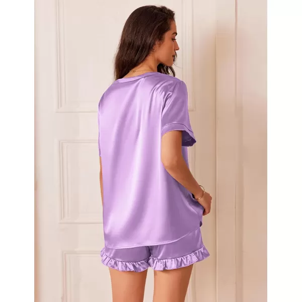 Ekouaer Satin Pajamas for Women Short Sleeve Silk Sleepwear Two Piece Pj Sets with Ruffled Shorts Casual LoungewearLight Purple