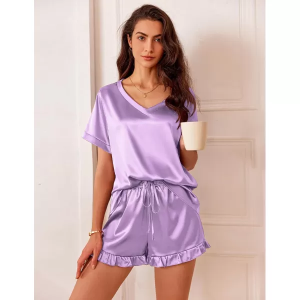 Ekouaer Satin Pajamas for Women Short Sleeve Silk Sleepwear Two Piece Pj Sets with Ruffled Shorts Casual LoungewearLight Purple