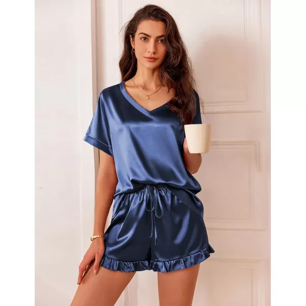 Ekouaer Satin Pajamas for Women Short Sleeve Silk Sleepwear Two Piece Pj Sets with Ruffled Shorts Casual LoungewearNavy Blue