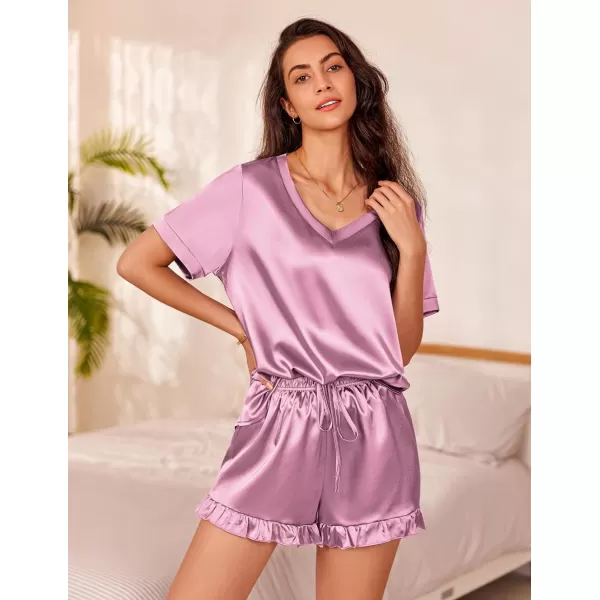 Ekouaer Satin Pajamas for Women Short Sleeve Silk Sleepwear Two Piece Pj Sets with Ruffled Shorts Casual LoungewearPink